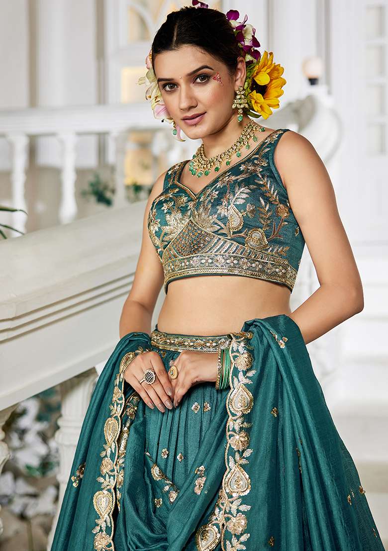 Teal Sequence Embroidered Poly Georgette Lehenga Set With Dupatta - Indya