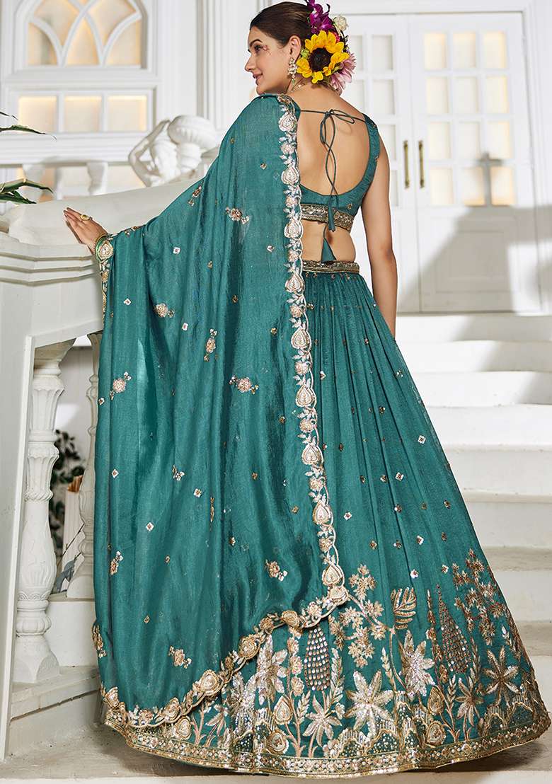 Teal Sequence Embroidered Poly Georgette Lehenga Set With Dupatta - Indya