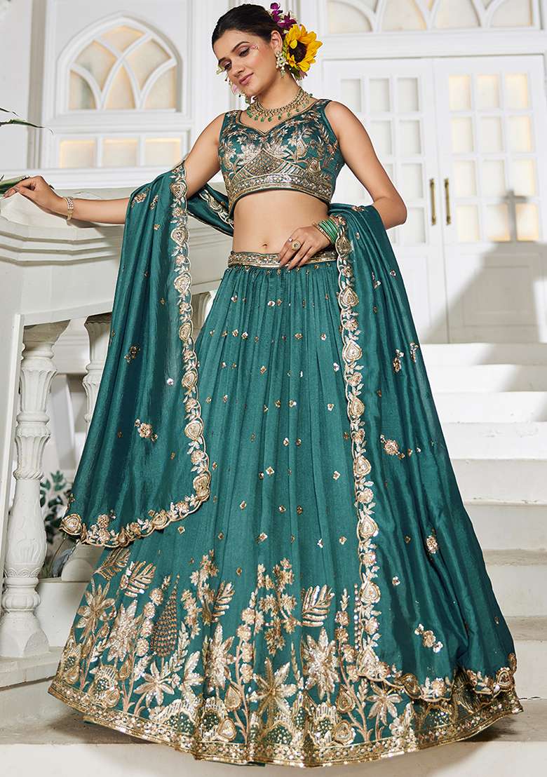 Teal Sequence Embroidered Poly Georgette Lehenga Set With Dupatta - Indya