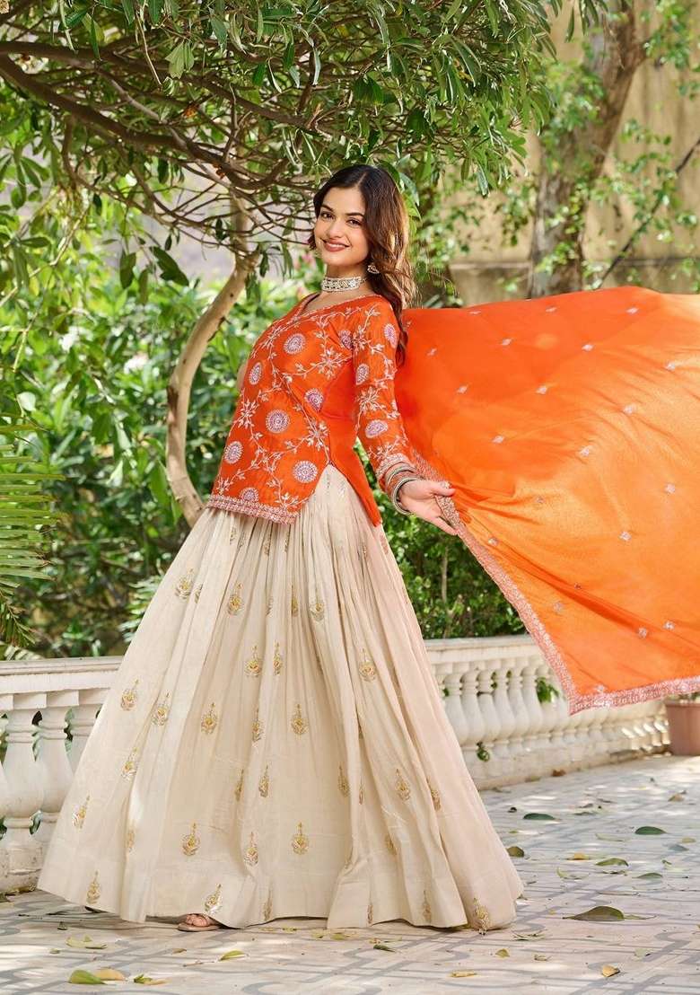 White Embroidered Georgette Lehenga Set With Dupatta - Indya