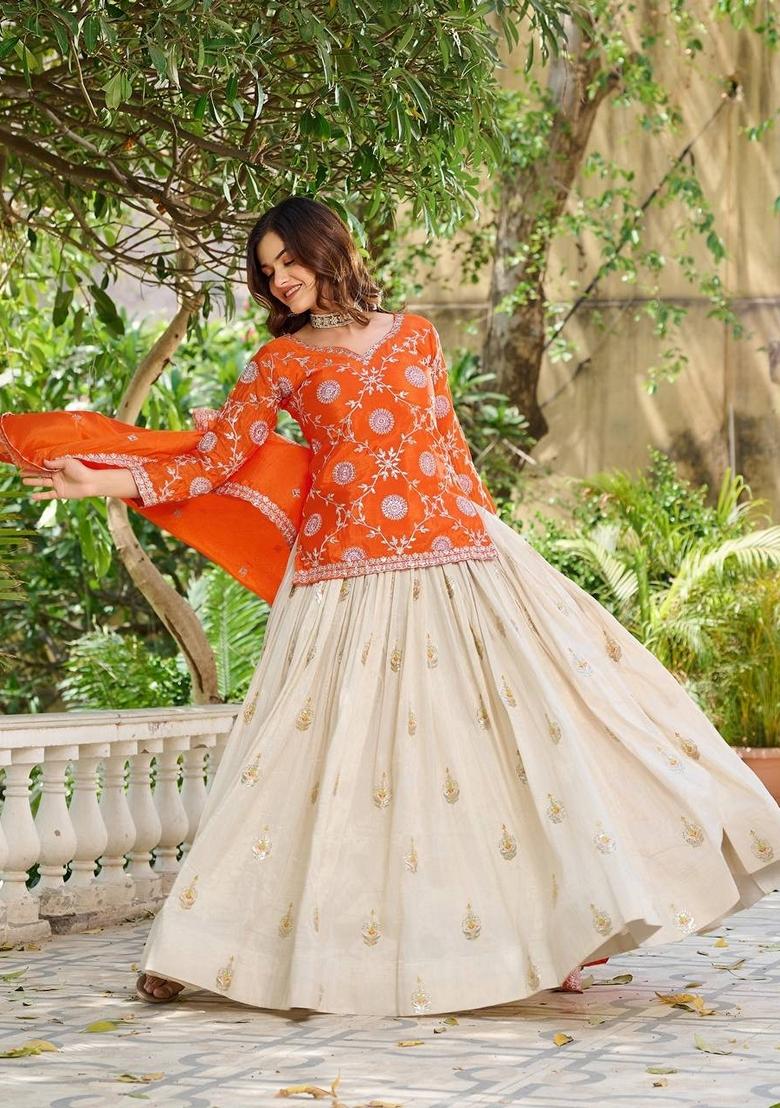 White Embroidered Georgette Lehenga Set With Dupatta - Indya