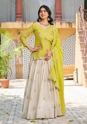 White Embroidered Georgette Lehenga Set With Dupatta