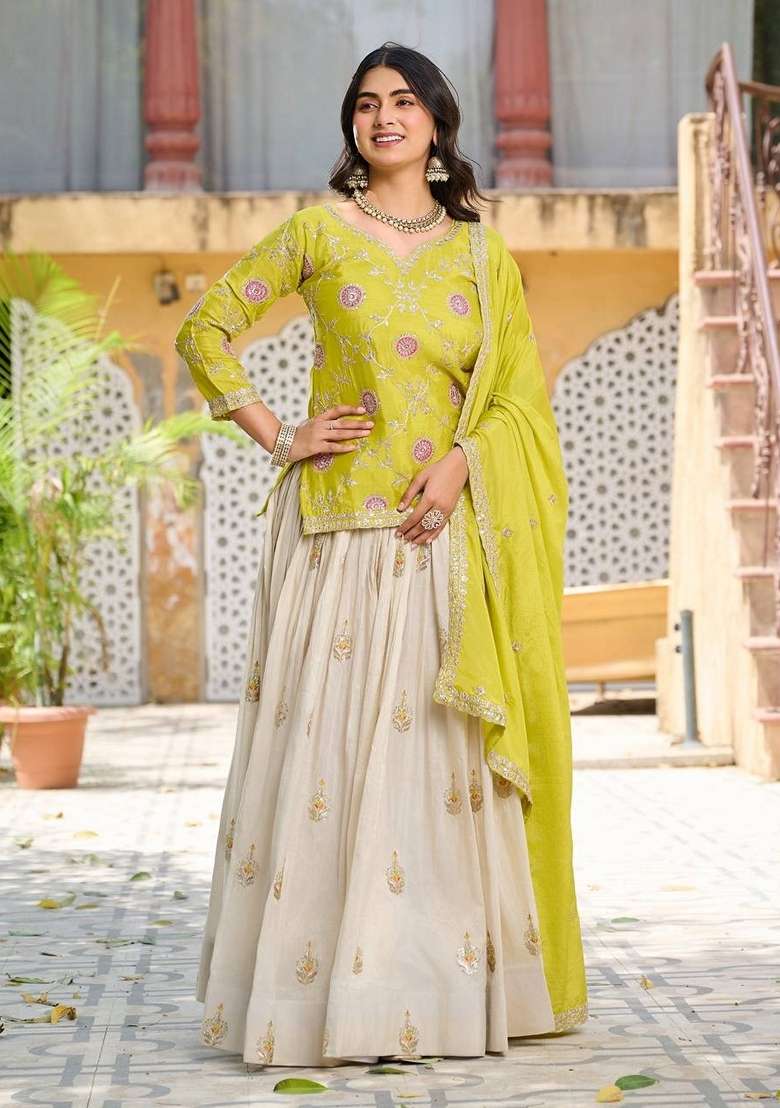 White Embroidered Georgette Lehenga Set With Dupatta - Indya