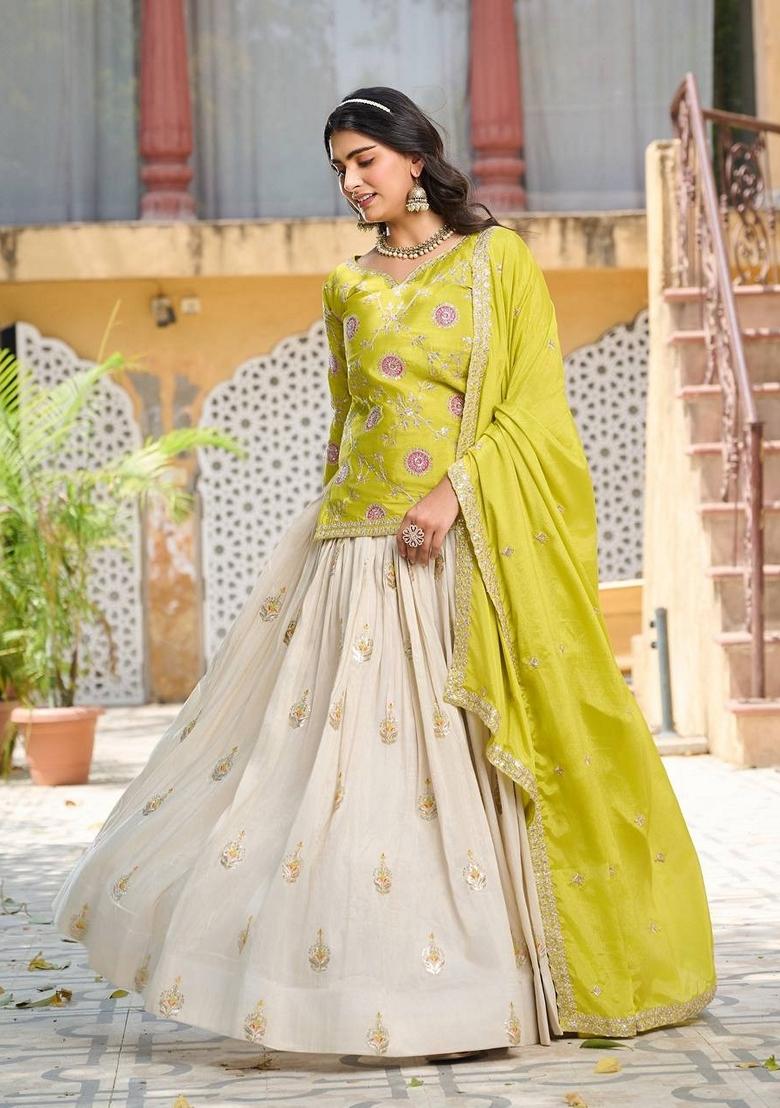 White Embroidered Georgette Lehenga Set With Dupatta - Indya