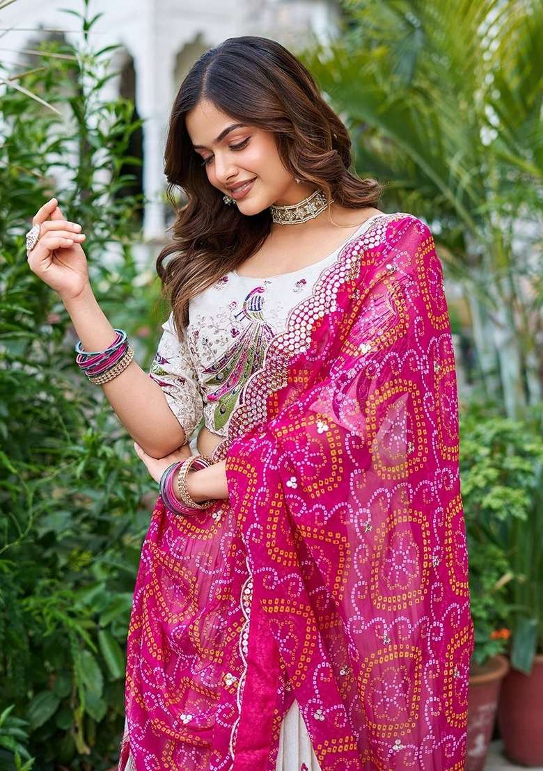 White Embroidered Georgette Lehenga Set With Dupatta - Indya