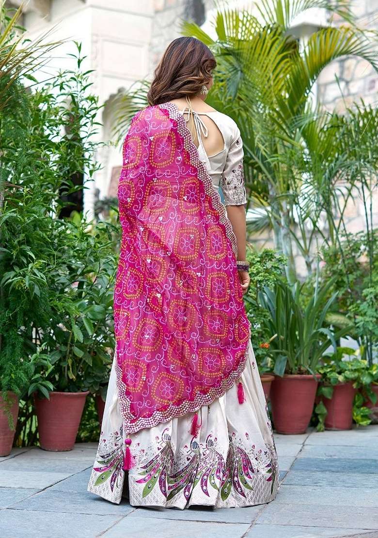 White Embroidered Georgette Lehenga Set With Dupatta - Indya