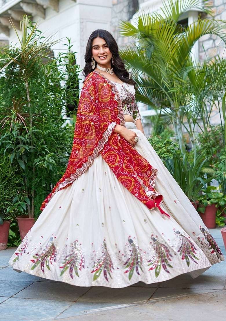 White Embroidered Georgette Lehenga Set With Dupatta - Indya