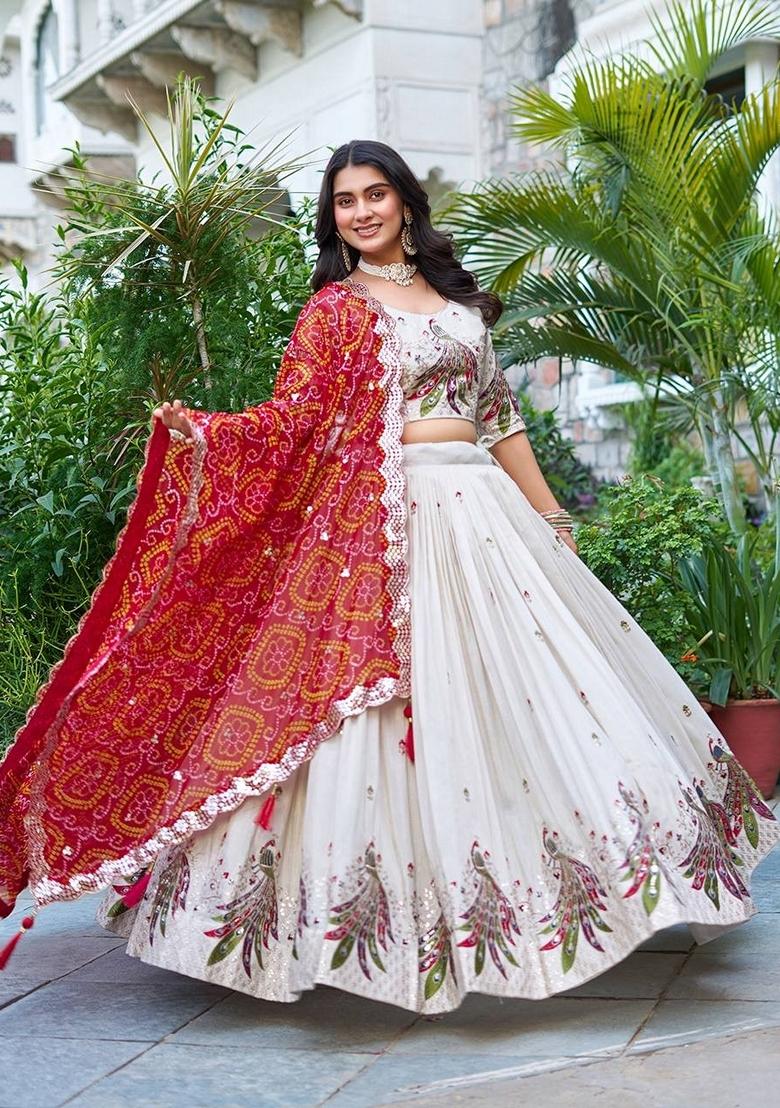 White Embroidered Georgette Lehenga Set With Dupatta - Indya