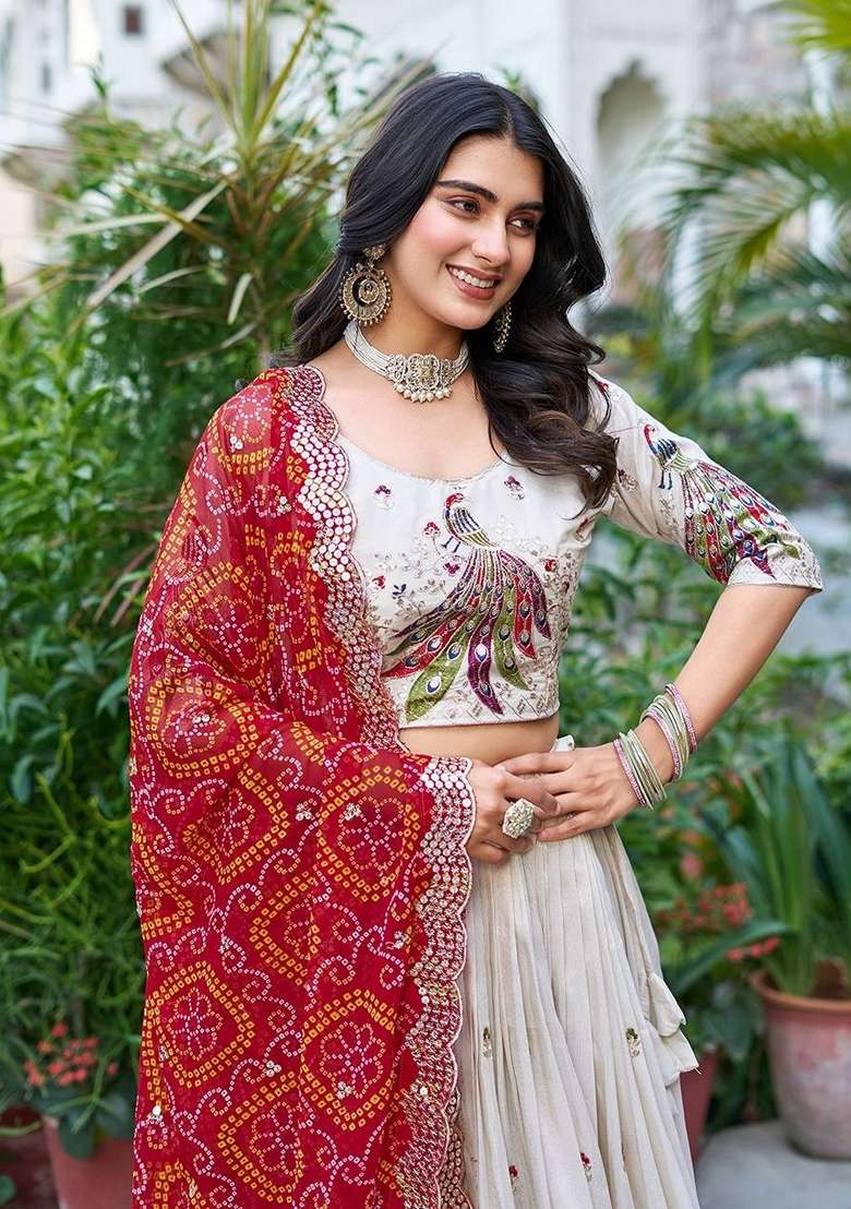 White Embroidered Georgette Lehenga Set With Dupatta - Indya
