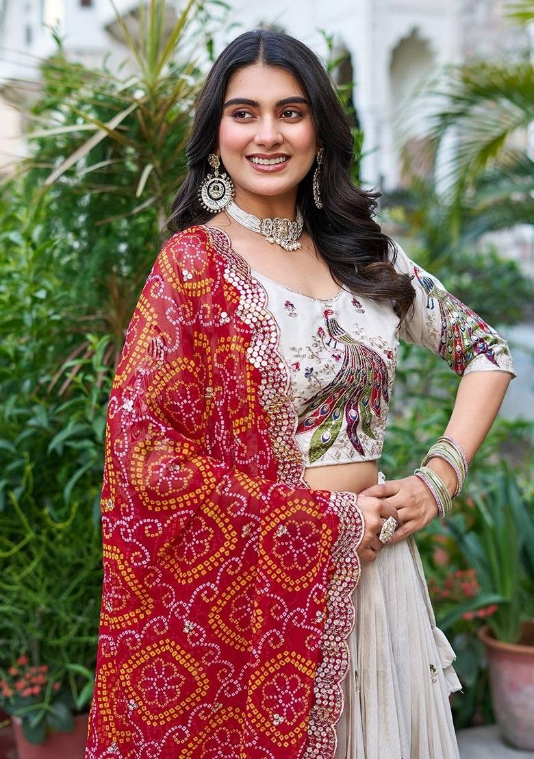 White Embroidered Georgette Lehenga Set With Dupatta - Indya