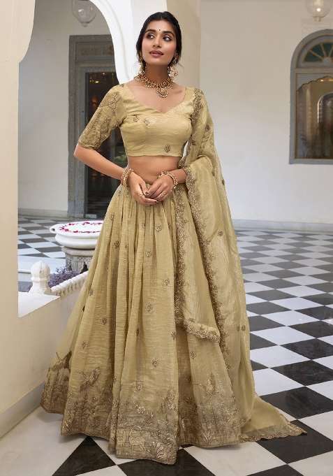 Cream Sequence Embroidered Gold Cursh Lehenga Set With Dupatta for Diwali and Festive Wear