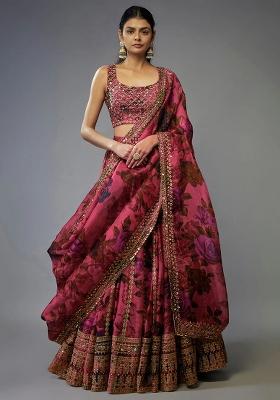 Pink Sequence Embroidered Organza Lehenga Set With Dupatta