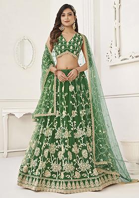 Green Sequin Embroidered Butterfly Net Lehenga Set