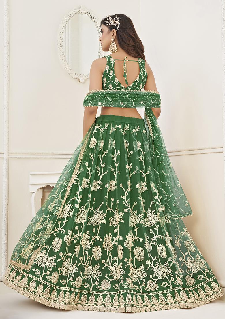 Green Sequin Embroidered Butterfly Net Lehenga Set - Indya