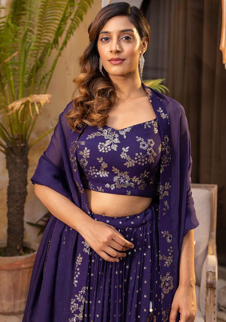 Purple Sequence With Dupatta Silk Blend Lehenga Set with Embroidered for Diwali | Wedding & Festive Wear - Indya