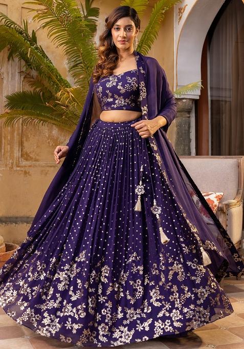 Purple Sequence Embroidered Silk Lehenga Set With Dupatta