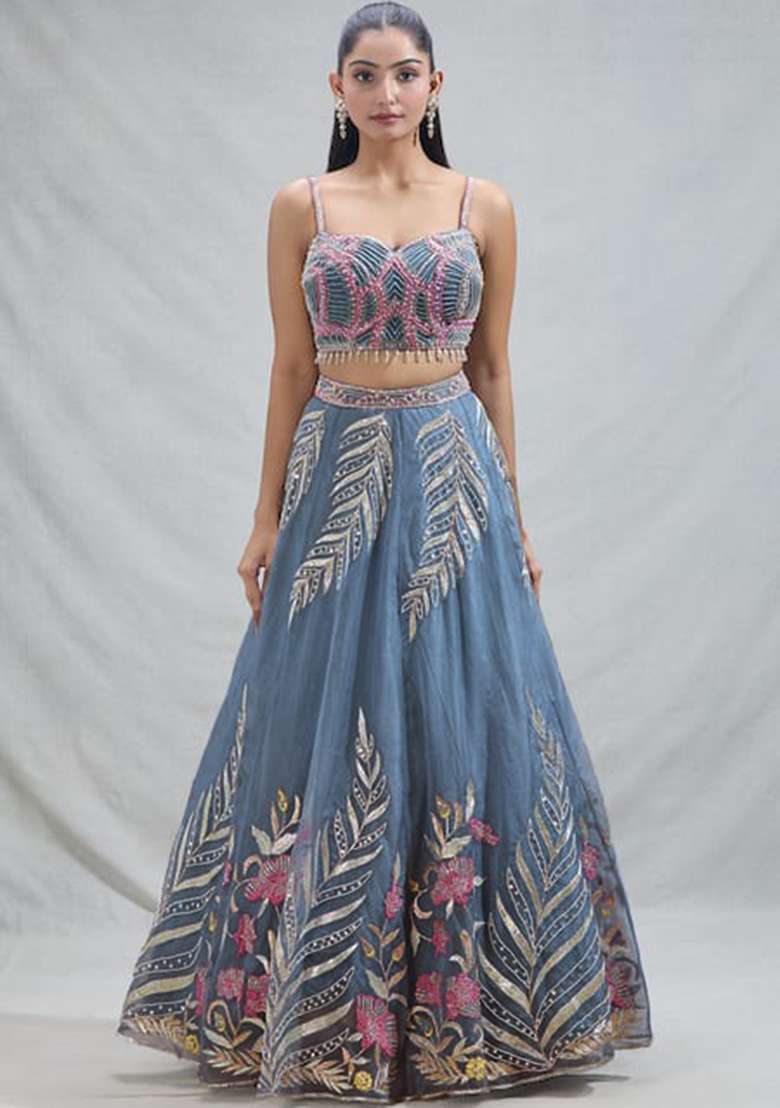 Sky Blue Sequence With Dupatta Net Lehenga Set with Embroidered for Diwali | Wedding & Festive Wear - Indya