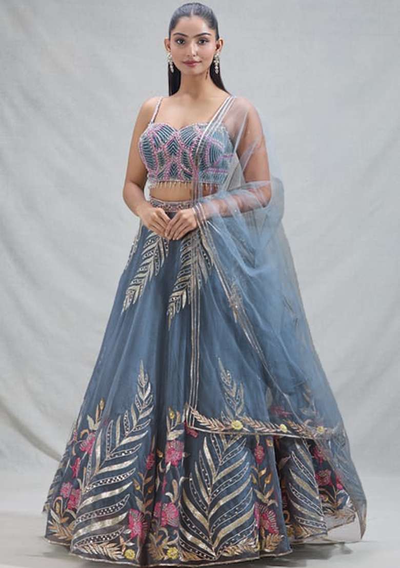 Sky Blue Sequence With Dupatta Net Lehenga Set with Embroidered for Diwali | Wedding & Festive Wear - Indya