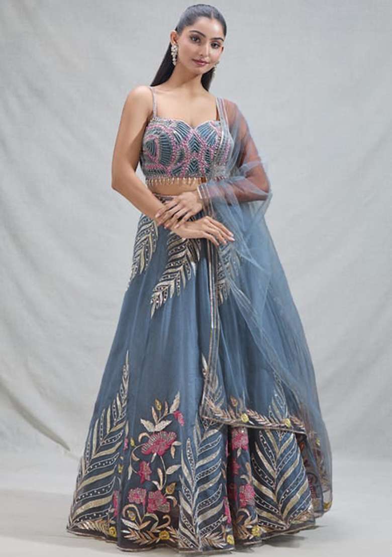 Sky Blue Sequence With Dupatta Net Lehenga Set with Embroidered for Diwali | Wedding & Festive Wear - Indya