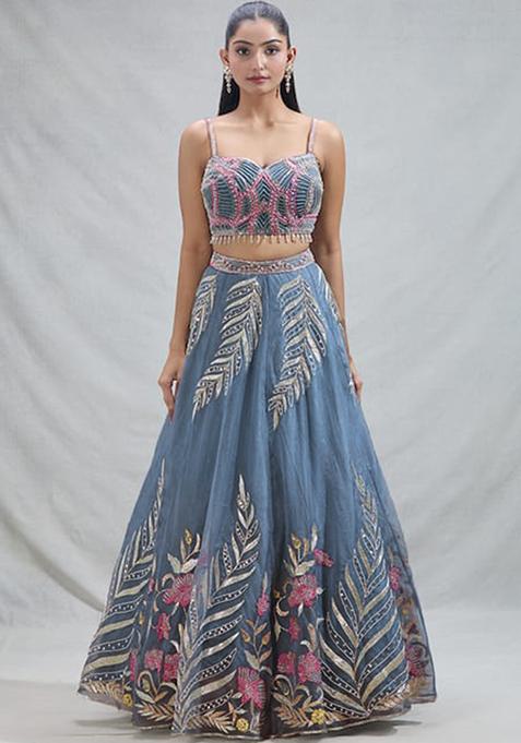 Sky Blue Sequence Embroidered Net Lehenga Set With Dupatta