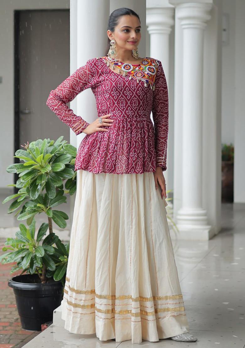 Maroon Embroidered Cotton Lehenga Set - Indya