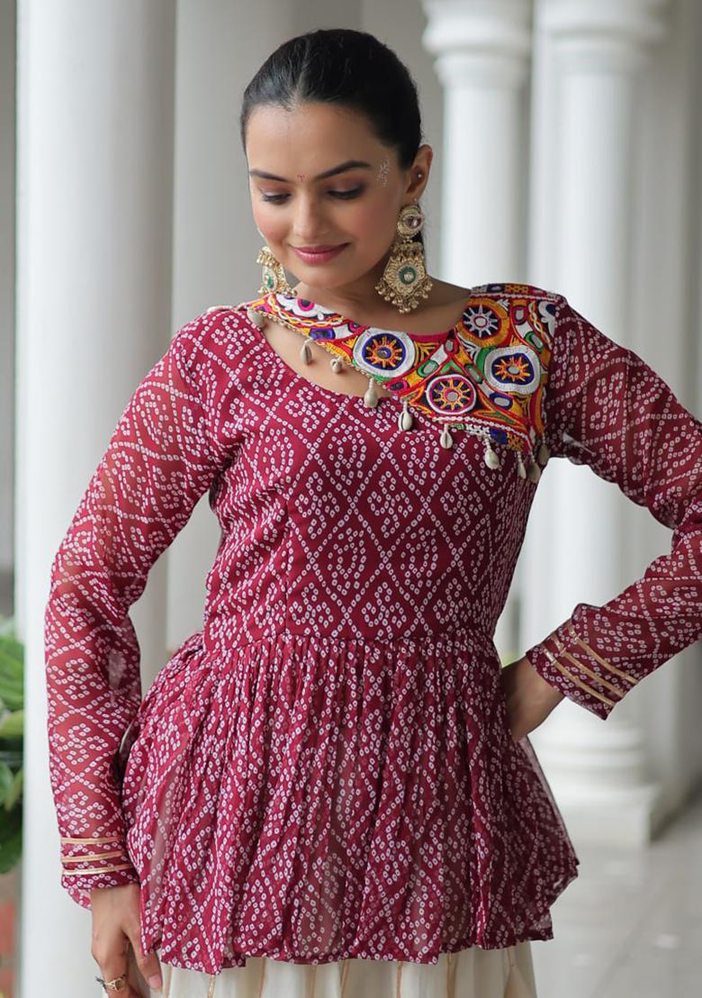 Maroon Embroidered Cotton Lehenga Set - Indya