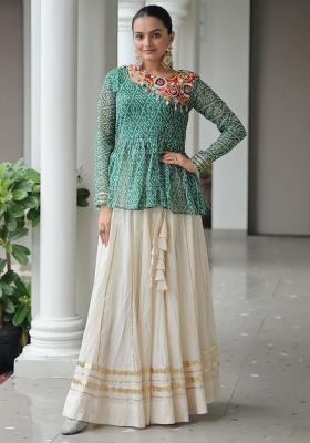 Green Embroidered Cotton Lehenga Set