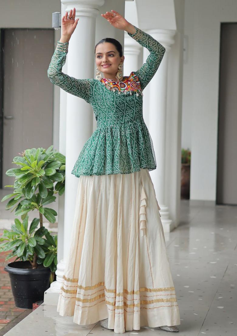 Green Embroidered Cotton Lehenga Set - Indya