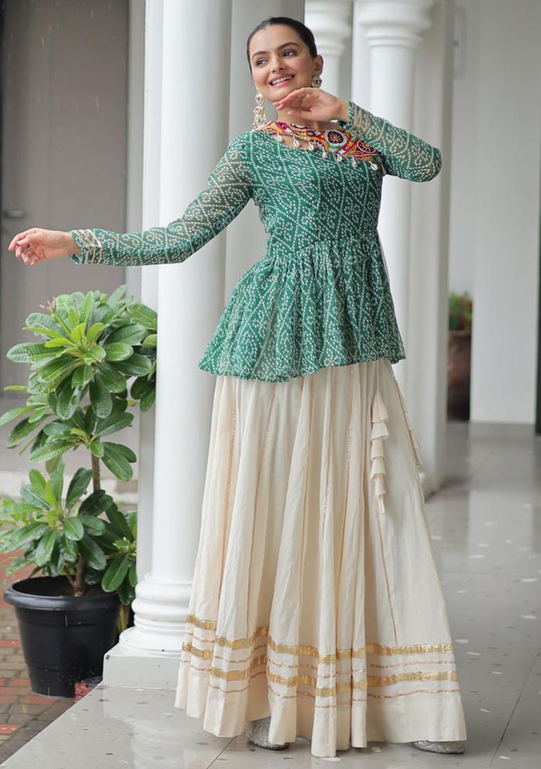 Green Embroidered Cotton Lehenga Set - Indya