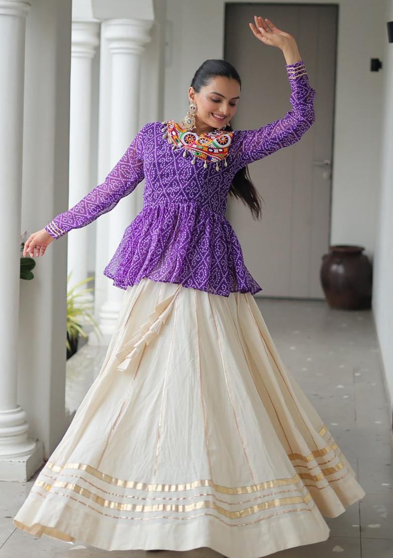 Purple Embroidered Cotton Lehenga Set - Indya