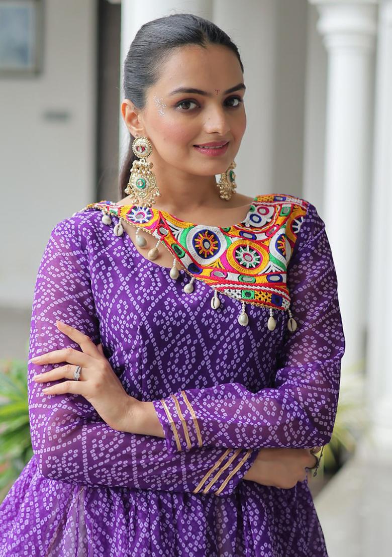 Purple Embroidered Cotton Lehenga Set - Indya