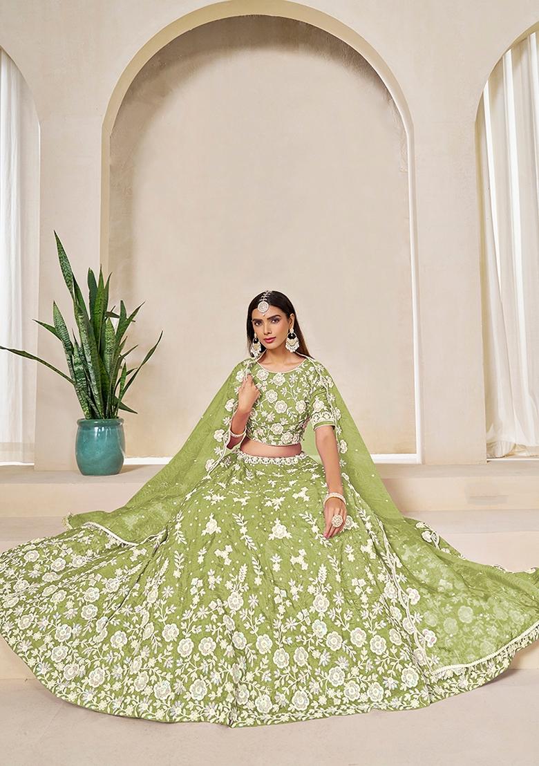 Green Embroidered Organza Lehenga Set With Dupatta - Indya