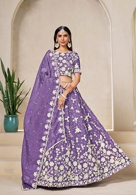 Purple Embroidered Organza Lehenga Set With Dupatta