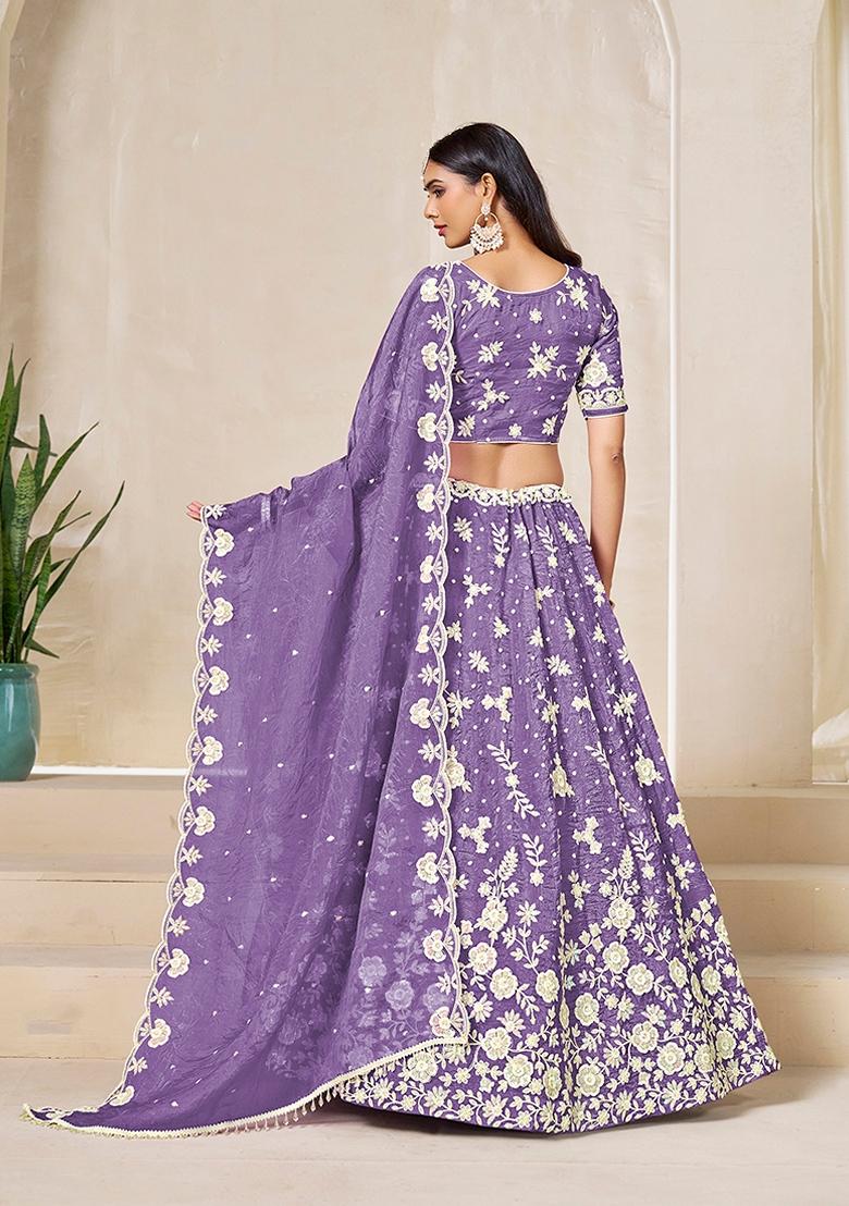 Purple Embroidered Organza Lehenga Set With Dupatta - Indya