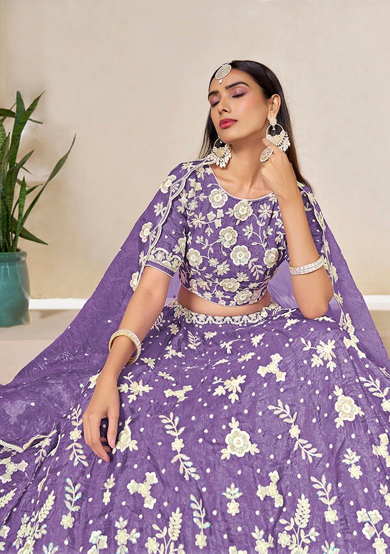 Purple Embroidered Organza Lehenga Set With Dupatta - Indya