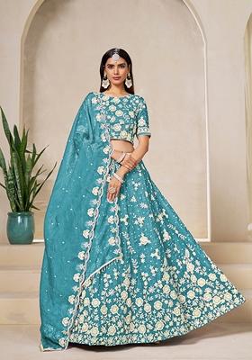 Blue Embroidered Organza Lehenga Set With Dupatta