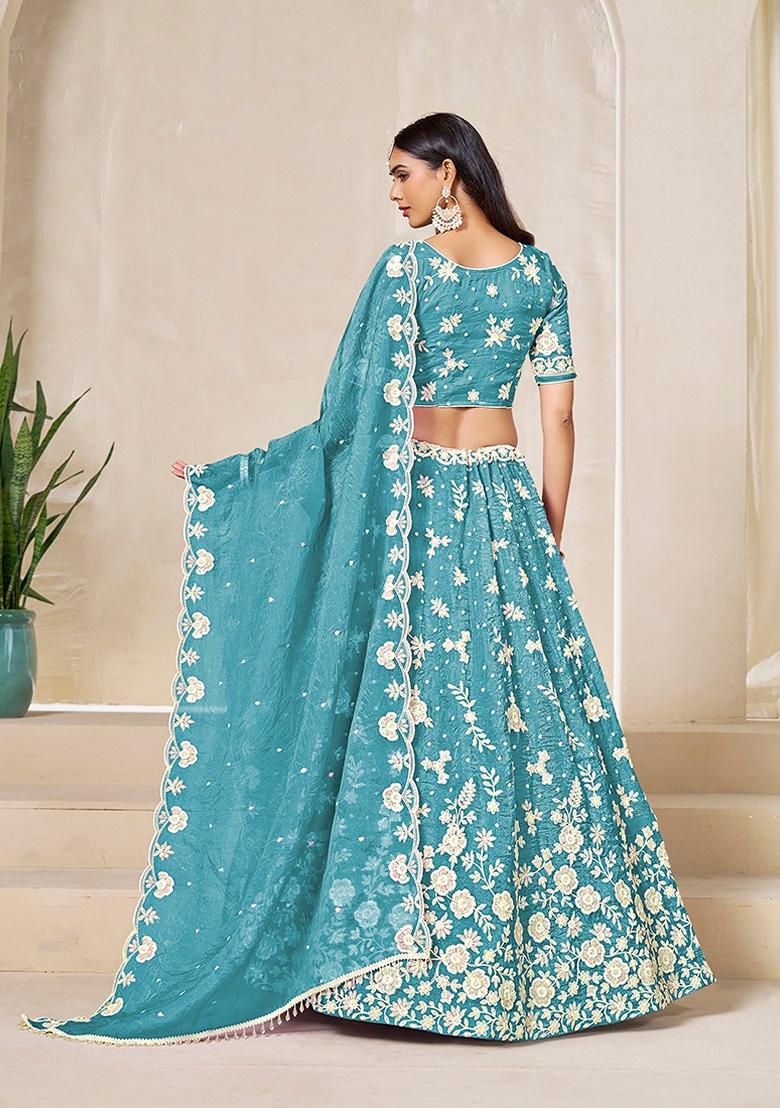 Blue Embroidered Organza Lehenga Set With Dupatta - Indya