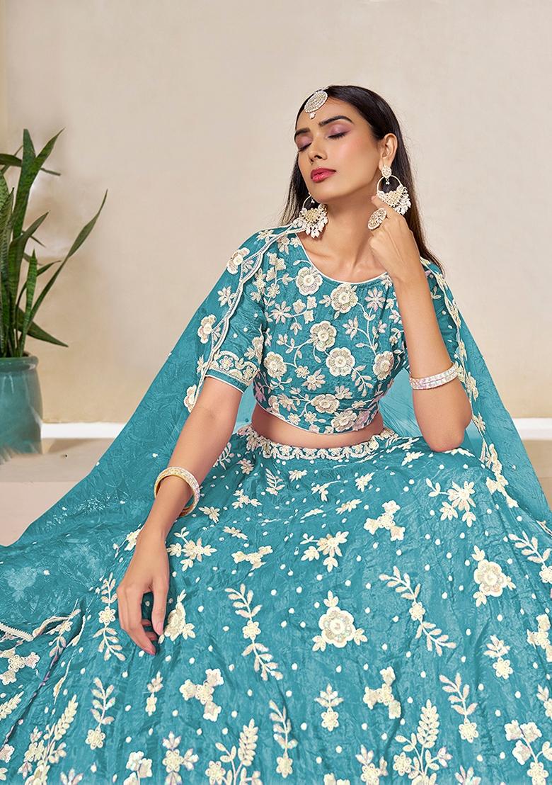 Blue Embroidered Organza Lehenga Set With Dupatta - Indya