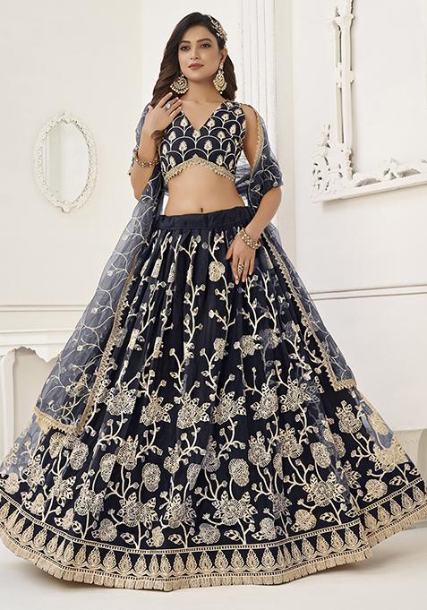 Black Sequin Embroidered Butterfly Net Lehenga Set