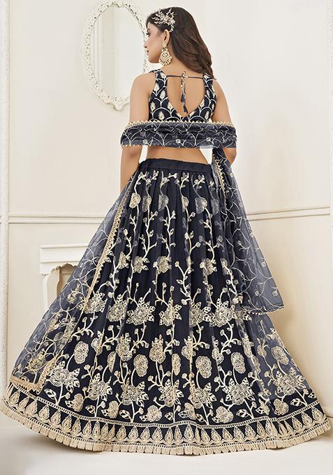 Black Sequin Embroidered Butterfly Net Lehenga Set