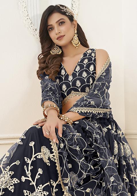 Black Sequin Embroidered Butterfly Net Lehenga Set