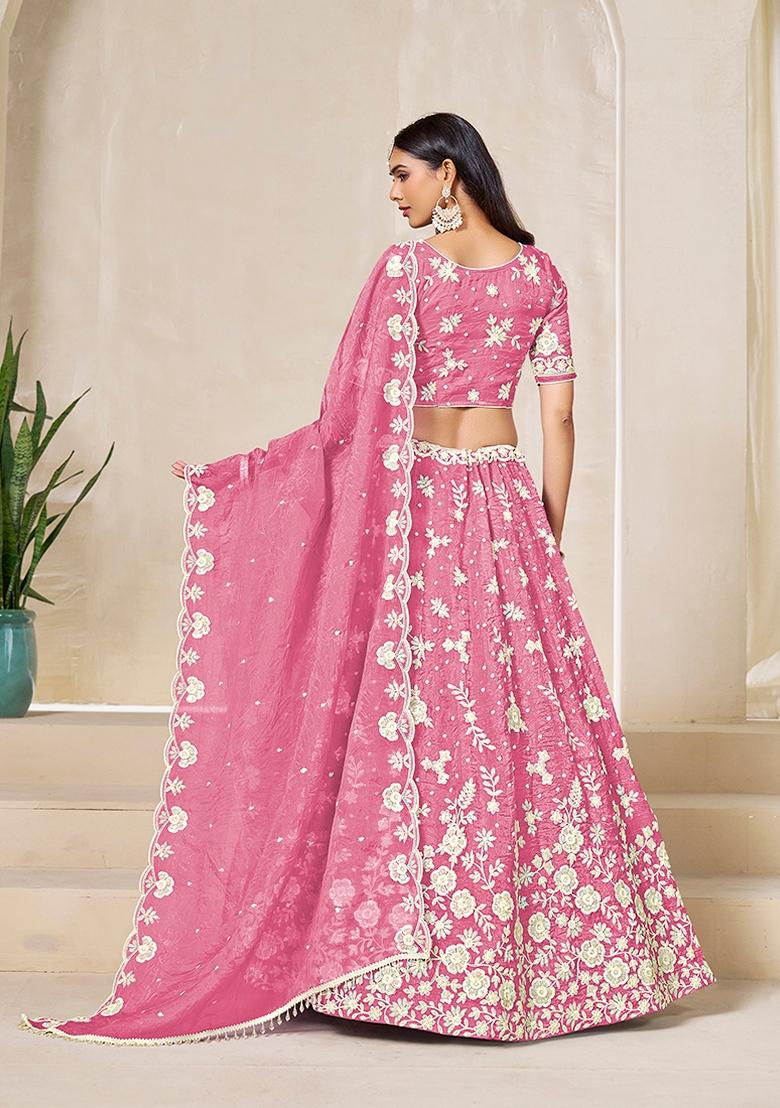 Pink Embroidered Organza Lehenga Set With Dupatta - Indya
