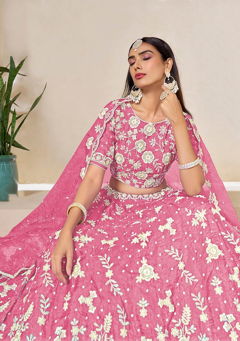 Pink Embroidered Organza Lehenga Set With Dupatta - Indya