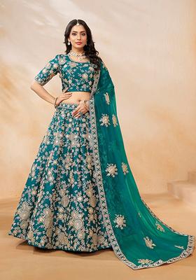 Blue Embroidered Silk Lehenga Set With Dupatta