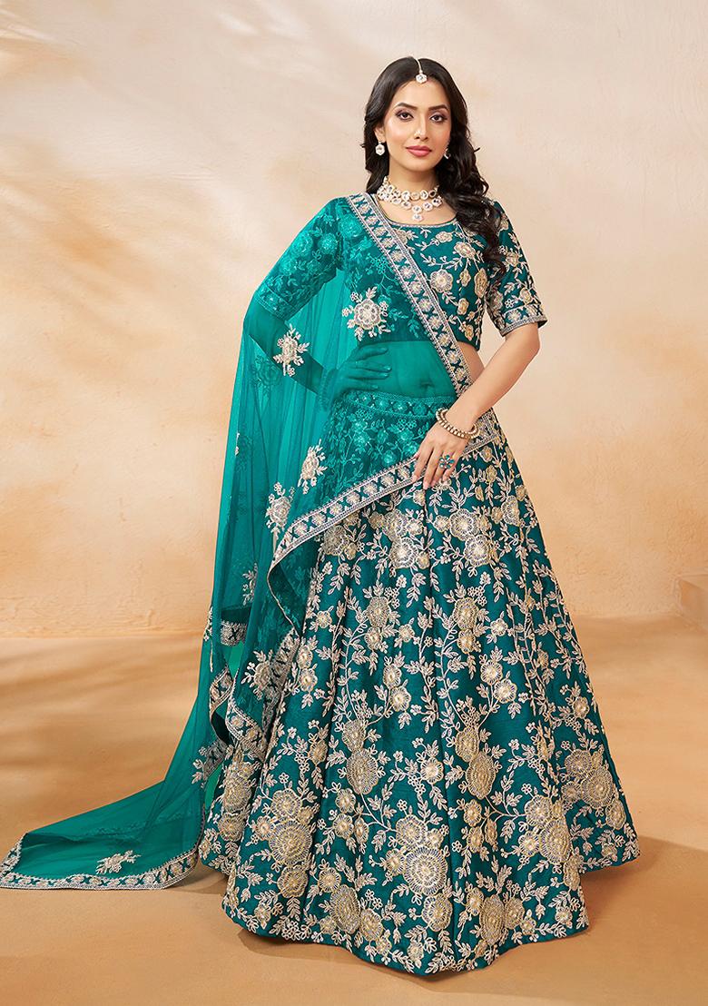 Blue Embroidered Silk Lehenga Set With Dupatta - Indya