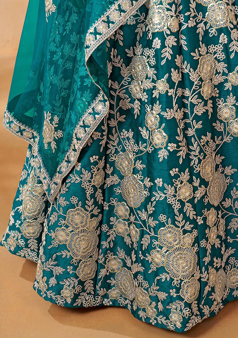 Blue Embroidered Silk Lehenga Set With Dupatta - Indya