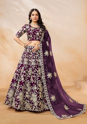 Purple Embroidered Silk Lehenga Set With Dupatta