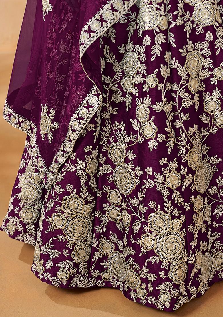 Purple Embroidered Silk Lehenga Set With Dupatta - Indya
