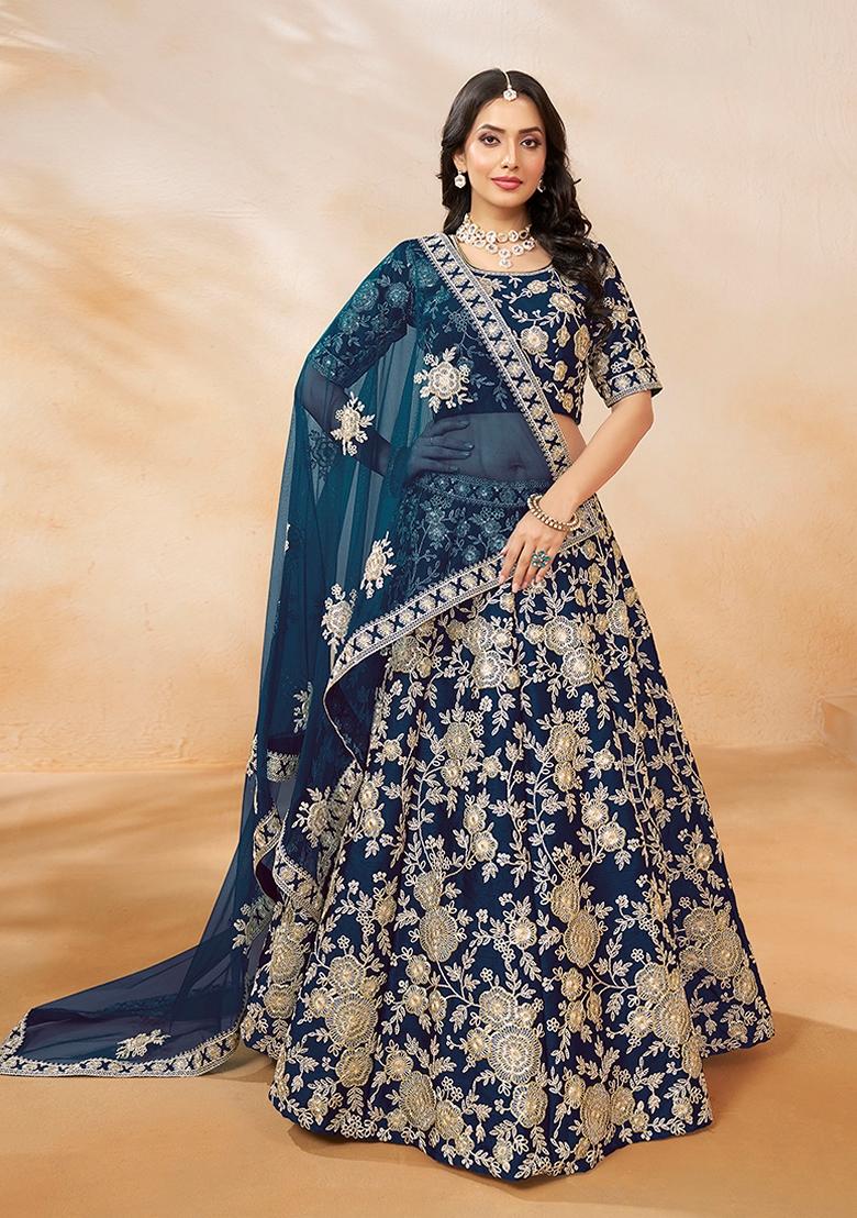 Blue Embroidered Silk Lehenga Set With Dupatta - Indya