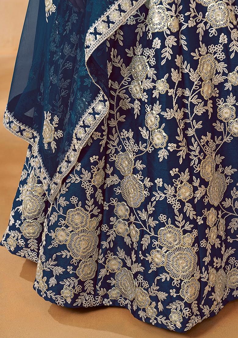 Blue Embroidered Silk Lehenga Set With Dupatta - Indya